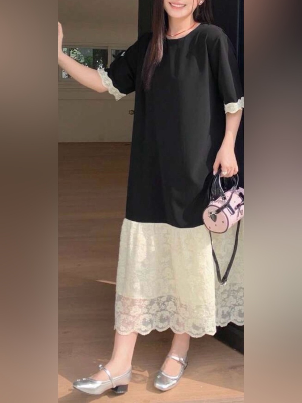 SHEIN Black Dress with Cream Lace Hem